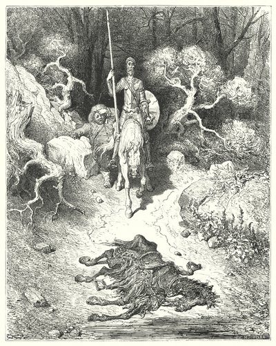 Gustave Dores Don Quijote: "De kom till en park, där de hittade en mula som låg död" (gravyr) av Gustave Dore