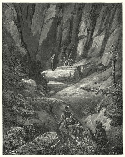 Gustave Dores Don Quijote: "De fortsatte i ungefär tre fjärdedelar av en liga, och sedan bland klipporna spanade de Don Quijote, som vid det här laget hade tagit på sig sina kläder, men inte sin rustning" (gravyr) av Gustave Dore