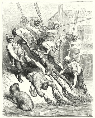 Gustave Dores Don Quijote: "Båda drogs i land, mer överdränkta än törstiga" (gravyr) av Gustave Dore