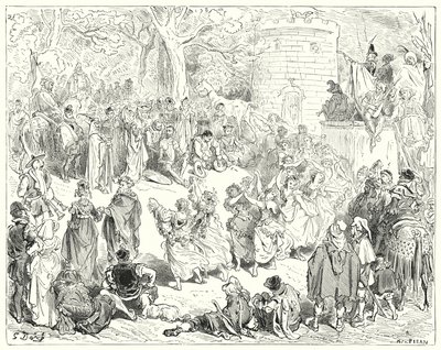 Gustave Dores Don Quijote: "De leddes upp av en vördnadsvärd gammal man och en matronly kvinna" (gravyr) av Gustave Dore