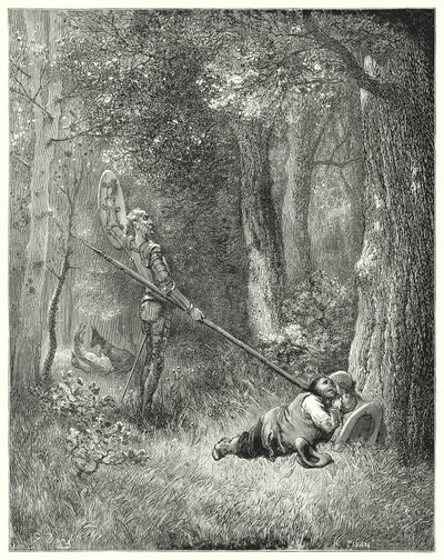 Gustave Dores Don Quijote: "Till all denna fina utläggning svarade Sancho inte ett ord" (gravyr) av Gustave Dore