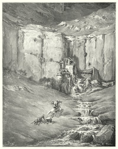 Gustave Dores Don Quijote: "När de kom närmare började även tålmodige Rozinante själv vid det fruktansvärda ljudet" (gravyr) av Gustave Dore