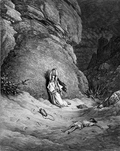 Hagar och Ismael, gravyr av Doré. - Bibeln av Gustave Dore