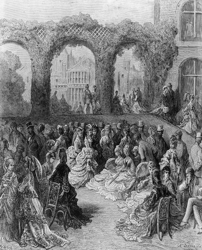 Holland House - En trädgårdsfest, från "London, en pilgrimsfärd", skriven av William Blanchard Jerrolds (1826-84), graverad av A. Doms, pub. 1872 av Gustave Dore