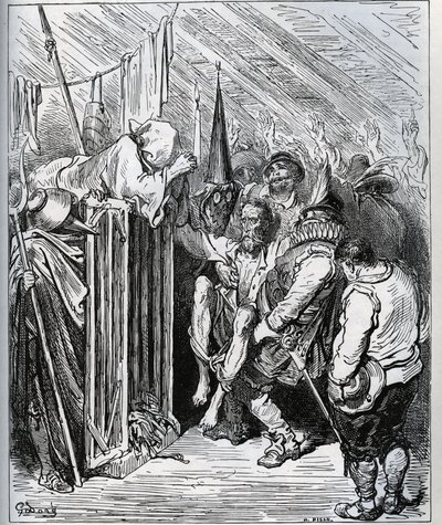 Hur man blir av med Don Quijote. Folket i hotellbutiken bestämde sig för att låsa in honom genom att få honom att tro på en ny förtrollning och ett nytt ridderligt test - från "Don Quixote de la Mancha" av Miguel Cervantes (1547-1616) (Don Quijote) - Träsn av Gustave Dore