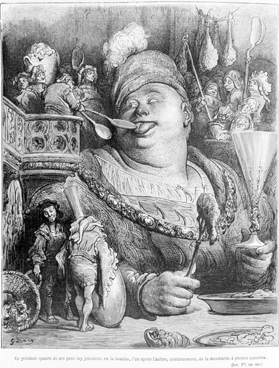 Men fyra av hans folk kastade senap i munnen på honom, den ena efter den andra, ständigt, fullskyffade. Utdrag ur Gargantua av François Rabelais (1483 - 1553), gravyr av Gustave Dore (1832-1883). av Gustave Dore