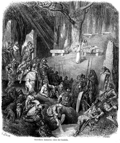 Människooffer bland gallerna - druider, dolmen, menhir - gravyr av Gustave Dore i "L