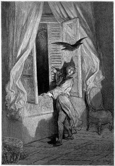 Illustration av Gustave Dore (1832-1883) till Edgar Allan Poes novell "Korpen" (The Raven). Denna serie fullbordades av Dore 1883, året för hans död, och är därför ett av hans senaste verk - av Gustave Dore