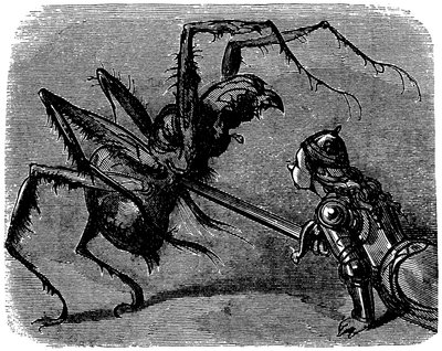 Illustration av Gustave Dore (1832-1883) till Ernest Lepines bok "La legende de Croquemitaine" (1863) - Inför denna bild av en strid med svärd mot en gigantisk araignee kan man inte låta bli att tänka på Frodos och Aragnes kamp i Tolkiens av Gustave Dore