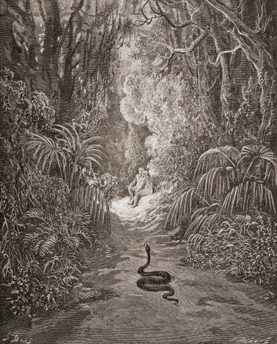 Illustration av Gustave Dore 1832-1883 Fransk konstnär och illustratör till Det förlorade paradiset av John Milton Bok IX rad 434 och 435 av Gustave Dore