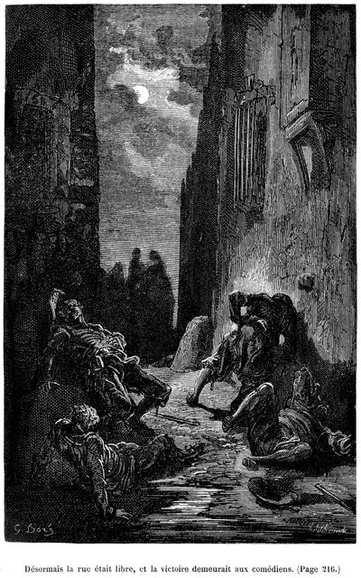 Illustration av Gustave Dore till Theophile Gautiers roman "Le Capitaine Fracasse" - Edition Charpentier 1883, praktiskt taget identisk med den första utgåvan som illustrerades av G. Dore på samma förlag 1866. Kapitel "Svärd, batting och andra äventyr av Gustave Dore