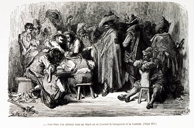 Illustration genom att föreställa "Captain Fracasse" en fiktiv karaktär av Theophile Gautier (gravyr) av Gustave Dore
