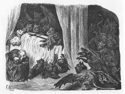 Illustration från "Le Tiers Livre des Faicts et Dicts Héroïques du Bon Pantagruel" av François Rabelais. av Gustave Dore