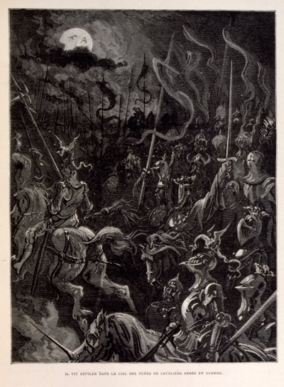 Illustration av riddare i strid under en månbelyst kväll. av Gustave Dore