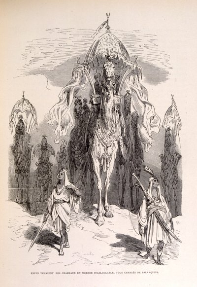 Illustration av ett orientaliskt kameltåg med tjänstefolk och vagn. av Gustave Dore