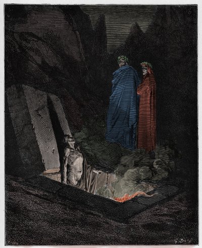 Inferno, Canto 10: Farinata degli Uberti tilltalar Dante, illustration från "Den gudomliga komedin" av Dante Alighieri, 1885 av Gustave Dore
