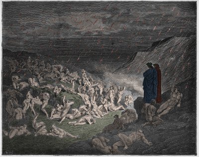 Inferno, Canto 14 : De våldsamma, plågade i eldregnet, illustration från "Den gudomliga komedin" av Dante Alighieri av Gustave Dore