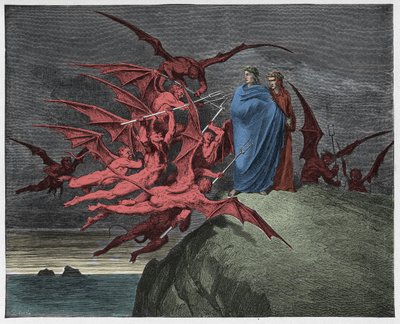 Inferno, Canto 21 : Demonerna hotar Vergilius, illustration från "The Divine Comedy" av Dante Alighieri, 1885 av Gustave Dore