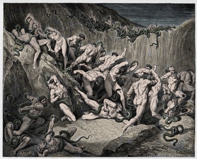 Inferno, Canto 24: Tjuvarna plågade av ormar, illustration från "Den gudomliga komedin" av Dante Alighieri, 1885 av Gustave Dore