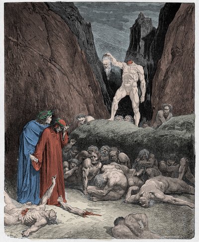 Inferno, Canto 28 : Bertran de Borns avhuggna huvud talar till Dante, illustration från "Den gudomliga komedin" av Dante Alighieri av Gustave Dore