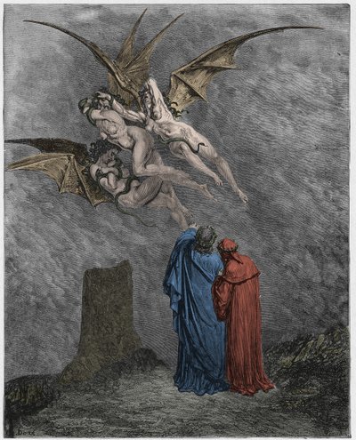 Inferno, Canto 9 : The ohyggliga Erinyes: Megaera, Tisiphone, Alecto av Gustave Dore