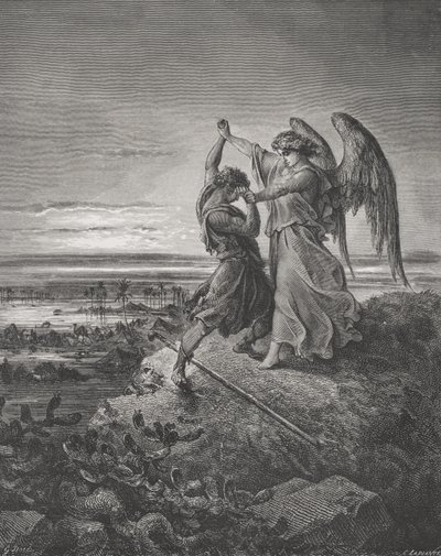 Jakob brottas med ängeln, 1 Mosebok 32:24-32, illustration från Dores 
