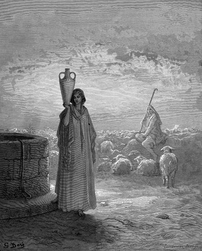 Jakob, som håller Labans hjordar, ser Rakel vid brunnen. Första Mosebok 29. Ur Gustave Dores illustrerade bibel 1866. Trästick av Gustave Dore