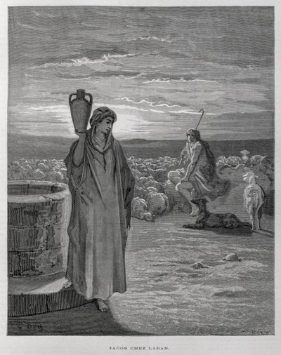 Jakob ser Rakel vid brunnen i Labans hem, Illustration från Dore-bibeln av Gustave Dore