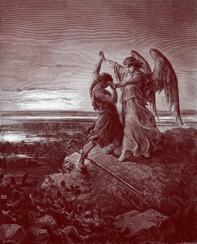 Jakob brottas med ängeln, av Doré. - Bibeln av Gustave Dore