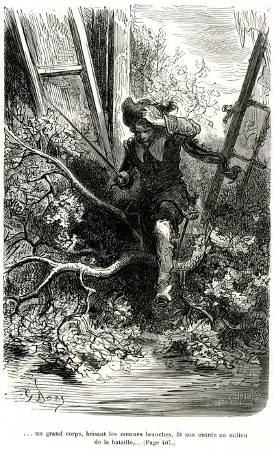 Jacquemin Lampourde, med pistolen i handen, kom till en punkt i striden. Gravyr av Gustave Dore som illustrerar Theophile Gautiers pikareskroman om cape och epee "Le capitaine Fracasse", edition Charpentier 1863. av Gustave Dore