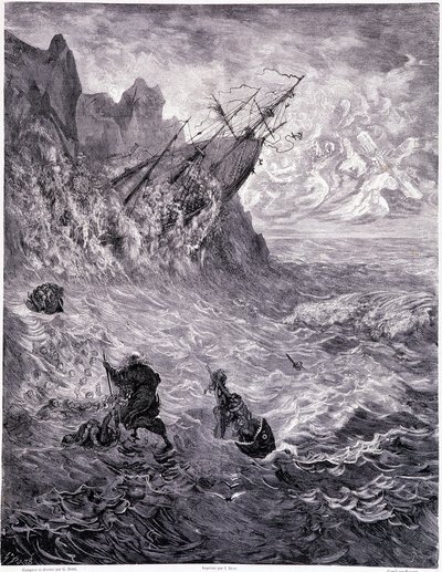 Jag korsar haven... tallrik X - Illustration av Gustave Dore (1832-1883), för La legende du Jeif wandering av Pierre Dupont, upplaga Librairie du Magasin Picturesque, Paris 1862 av Gustave Dore