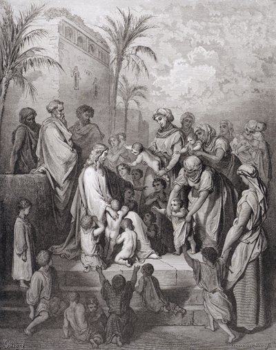 Jesus välsignar barnen, graverad av Stephane Pannemaker (1847-1930) c.1868 av Gustave Dore
