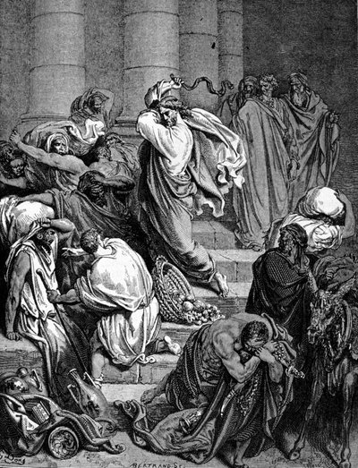 Jesus Kristus jagar köpmännen i templet. Illustration av Gustave Doré. av Gustave Dore