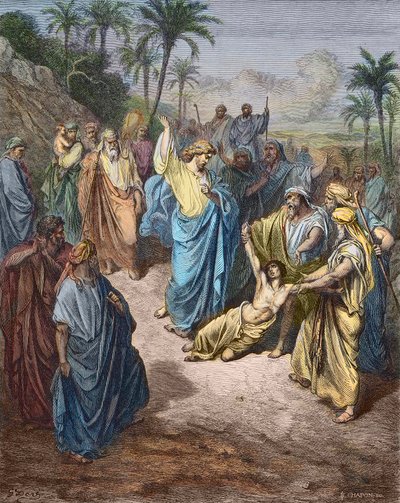 Jesus Kristus kämpar mot en ung besatt av demonen - Jesus helar galningen - Färggravyr efter Gustave Dore. av Gustave Dore