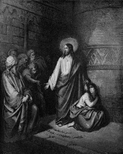 Jesus och kvinnan gripna i äktenskapsbrott av Gustave Dore