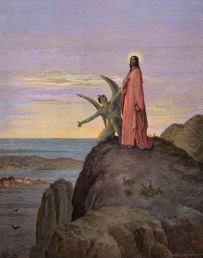Jesus i öknen, utsatt för djävulens frestelse - Kristi frestelse - Satan frestade Jesus - gravyr av Gustave Dore - senare färgläggning av Gustave Dore