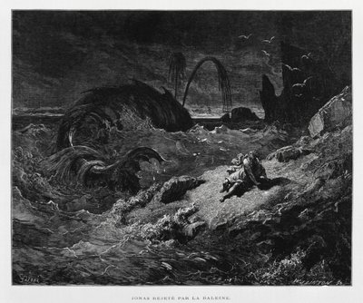 Jona kastas upp på torra land av valen, Illustration från Dore-bibeln av Gustave Dore