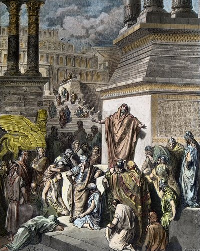 Jonah uppmanar Ninivitesa till ånger - Jonah uppmuntrar niniviter att göra bot - illustration från Gustave Dores 
