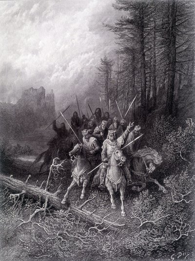 King Arthur in the Broceliande Forest (Cycle of the Knights of the Round Table) - i "" Viviane"" av Alfred Tennyson, illustration av G. Doré av Gustave Dore