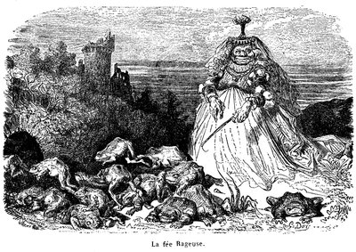 La fee Rageuse och hans flock paddor: gravyr av Gustave Dore för att illustrera sagan Puh, av grevinnan av Segur, från New Tales of Fees, Hachette 1896 - av Gustave Dore