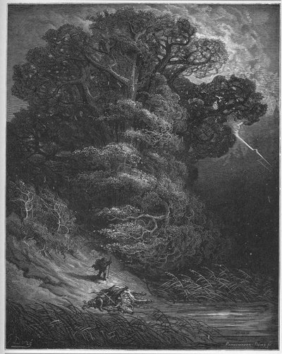 Eken och nätverket - Eken och vassen - från "Fables" av Jean de La Fontaine av Gustave Dore