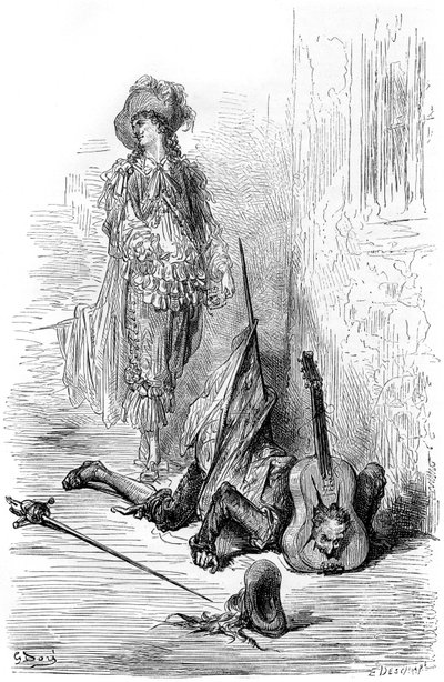 Leandre slog precis en gitarr på Matamores huvud, illustration till "Captain Fracass" av Gustave Dore