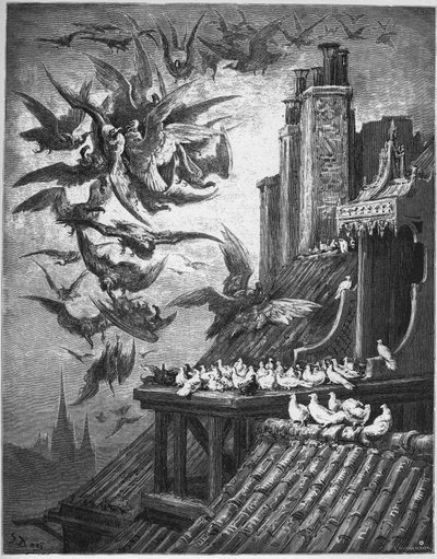 The Vultures And The Pigeons - från "Fables" av Jean de La Fontaine av Gustave Dore