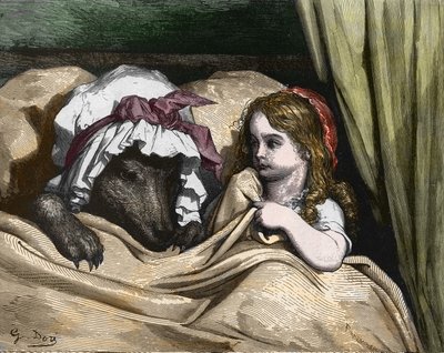 Rödluvan och Vargen ogillar som mormor. Illustration av Gustave Dore av Gustave Dore
