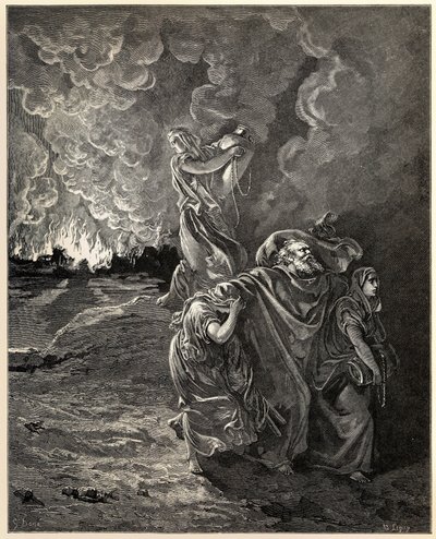 Lot och hans döttrar flyr från Sodom av Gustave Dore