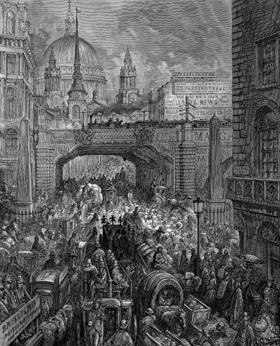 "Ludgate Hill": Från Gustave Dore och Blanchard Jerrold London: En pilgrimsfärd till London 1872. Motiv med trafikstockningar, järnvägsviadukt (i mitten) och kupolen på St Paul