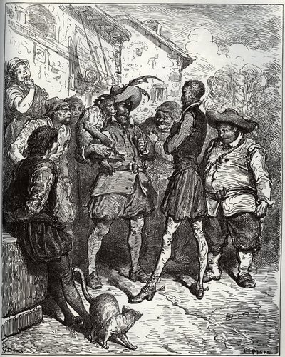 Maese Pedro och den spådomsapen - från "Don Quixote de la Mancha" av Miguel Cervantes (1547-1616) (Don Quijote) - Träsnitt efter teckning av Gustave Dore av Gustave Dore