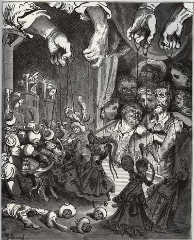Maese Pedros dockteater - från "Don Quixote de la Mancha" av Miguel Cervantes (1547-1616) (Don Quijote) - Träsnitt efter teckning av Gustave Dore av Gustave Dore