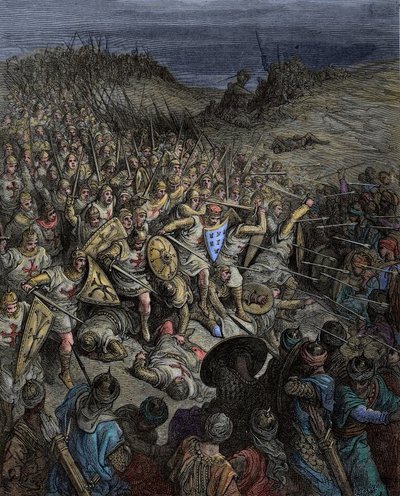 Medeltiden: Första korståget. Godefroy de Bouillons korståg som besegrar de muslimska styrkorna (turkarna från Sultanatet Rom) av sultan Kilij Arslan a Dorylee (Dorylaeum, Dorylaion) i Mindre Asien av Gustave Dore