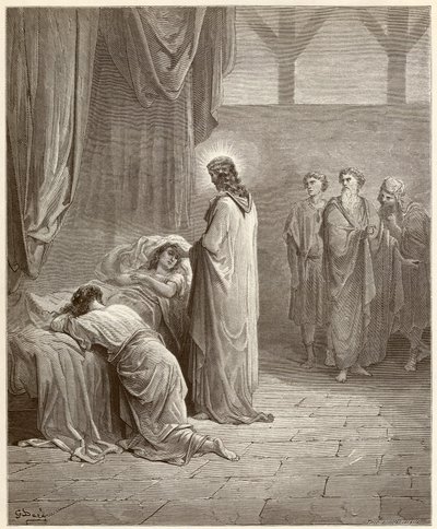 Mirakel: Jesus Kristus helade Jaires dotter (Jairus eller Jairos). Gravyr från Bibeln illustrerad av Gustave Dore (1832-1883) av Gustave Dore